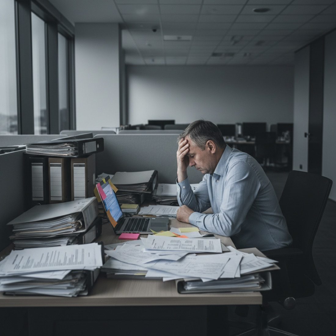 An employee buried in documents