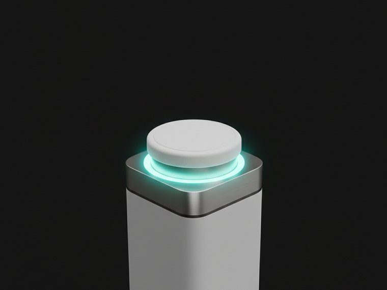 A white pedestal with a large stop button