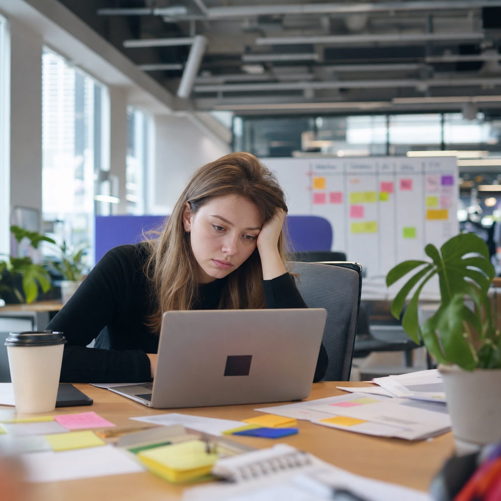 A tired content editor buried in tasks